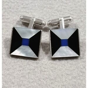 WEH Sterling Silver Cufflinks Black Onyx Mother of Pearl & Indigo Lapis  Square